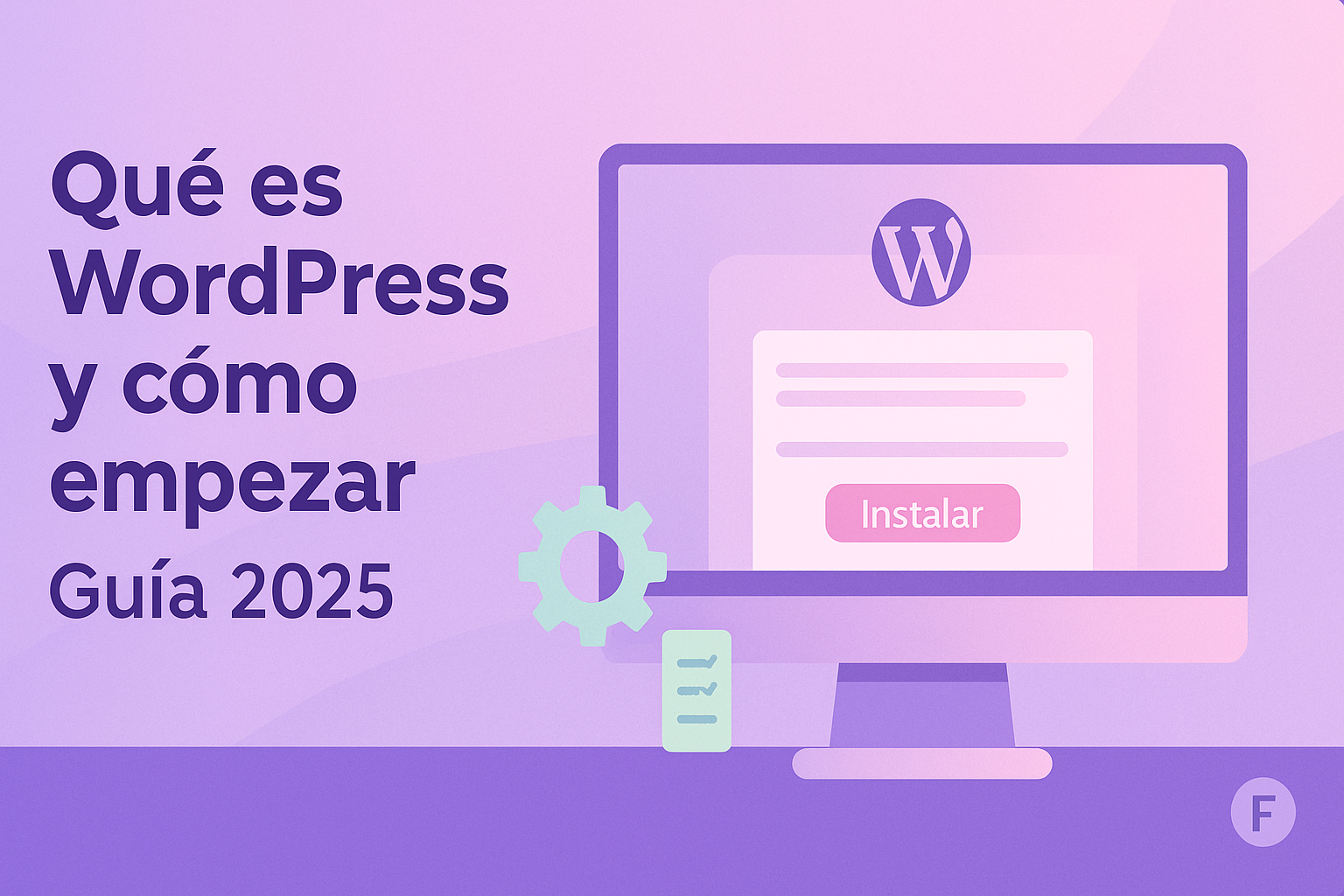 Ilustración minimalista con logo genérico de CMS y bloques, simbolizando una web en WordPress para principiantes, fondo violeta-tecnológico.