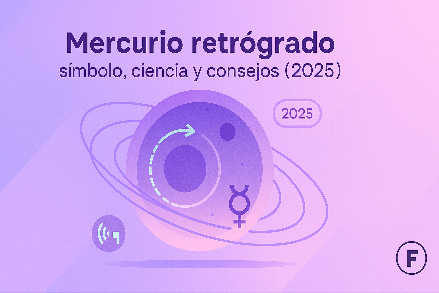 Planeta Mercurio con trayectorias orbitales, estilo minimalista violeta-azul, concepto de retrogradación y comunicación.